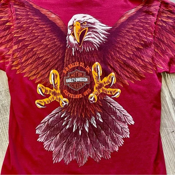 Vintage Harley Davidson Graphic T-Shirt 1993 Eagle All Over Print Maroon Large